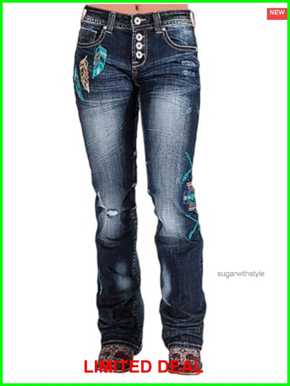 Mid Waist Floral Embroidered Ripped Bootcut Jeans Super Stretch